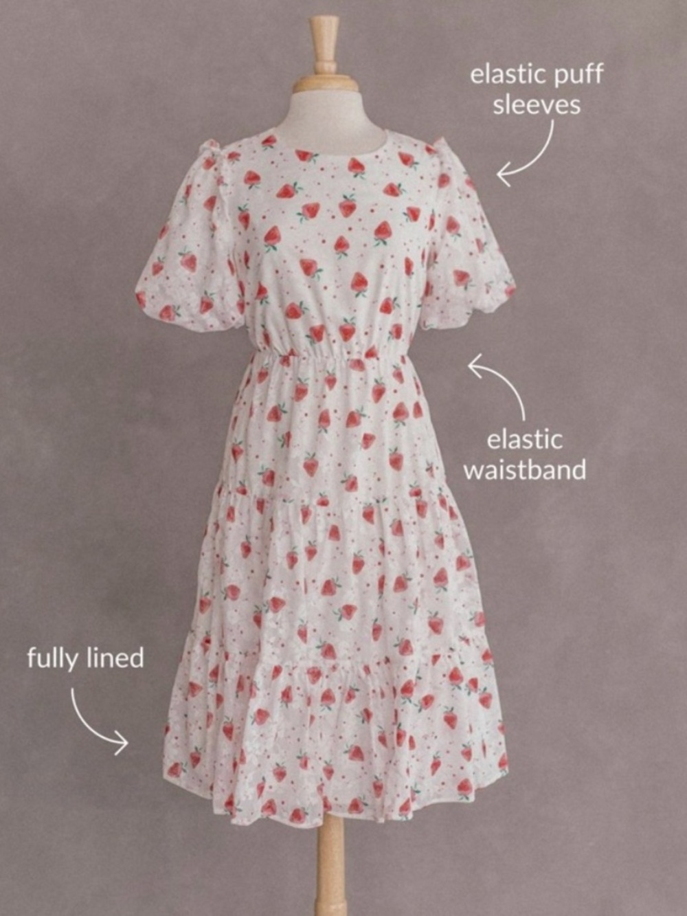 JessaKae White Watercolor Strawberry Puff Sleeve Ruffle Tier Midi Dress